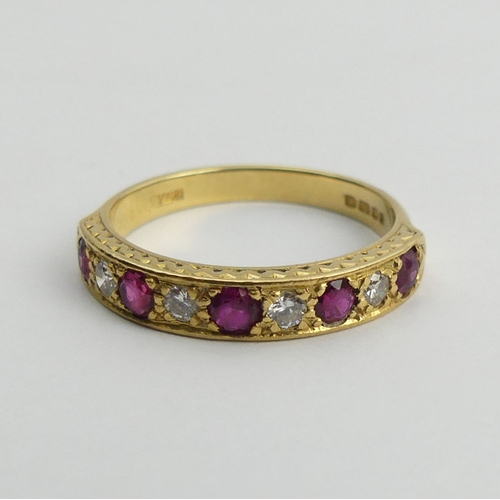 107 - 18ct gold ruby and diamond half eternity ring, 3.2 grams, 3.6mm, size M1/2.