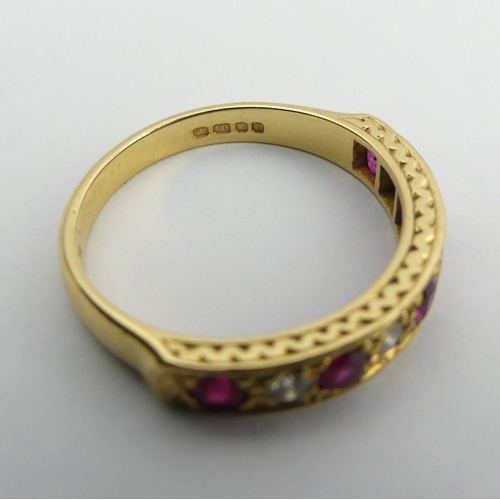 107 - 18ct gold ruby and diamond half eternity ring, 3.2 grams, 3.6mm, size M1/2.