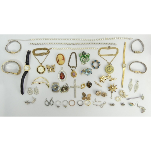 112 - A box of costume jewellery and watches including silver items.