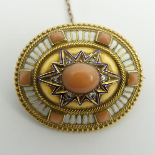 117 - Victorian 15ct gold (tested) coral, diamond and enamel locket back brooch, 14.0 grams, 33mm x 28mm.