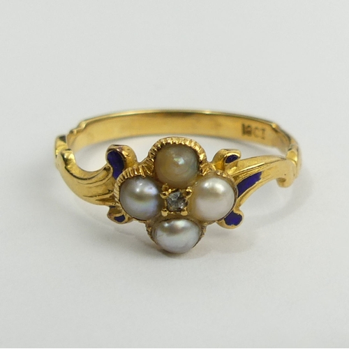 119 - 18ct gold split pearl, diamond and enamel ring, 2.4 grams, 8.1mm, size L.