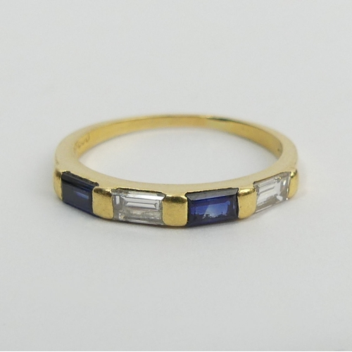 120 - 18ct gold sapphire and diamond baguette four stone ring, 2.4 grams, 2.8mm, size O.