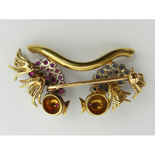 125 - 18ct gold ruby and sapphire birds on a branch brooch, London Import Mark for 1989, 10.4 grams, 47mm ... 