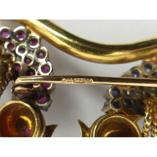 125 - 18ct gold ruby and sapphire birds on a branch brooch, London Import Mark for 1989, 10.4 grams, 47mm ... 