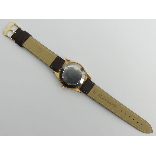 130A - Ramona 25 Jewel date adjust gold plated automatic gents watch on a leather strap, 37.5mm inc. button... 