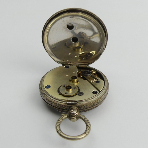 130B - Silver fancy dial open face key wind pocket watch, 39mm x 58mm.
Condition Report: In working order.