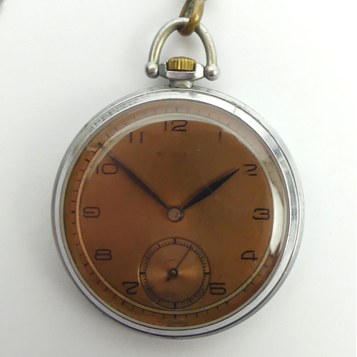 132 - Timor nickel cased pocket watch with a bronzed dial and Albert chain, 44 x 56 mm. 
Condition Report:... 