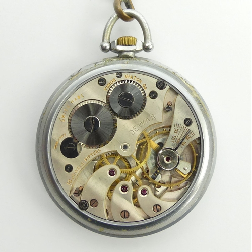 132 - Timor nickel cased pocket watch with a bronzed dial and Albert chain, 44 x 56 mm. 
Condition Report:... 