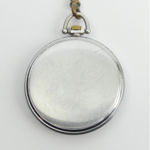 132 - Timor nickel cased pocket watch with a bronzed dial and Albert chain, 44 x 56 mm. 
Condition Report:... 