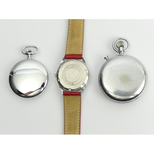 134 - Avia Olympic 17 jewel manual wind gents watch, an Omega stop watch and a Gradus pocket watch.