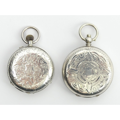 142 - Two fancy dial silver open face pocket watches, largest 54 x 37mm.