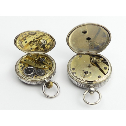 142 - Two fancy dial silver open face pocket watches, largest 54 x 37mm.