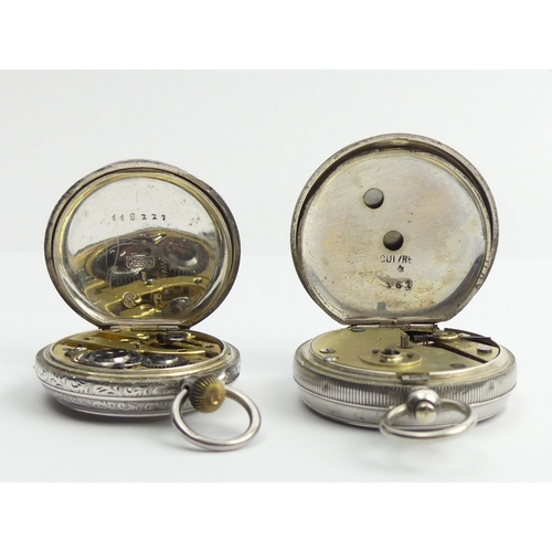 142 - Two fancy dial silver open face pocket watches, largest 54 x 37mm.