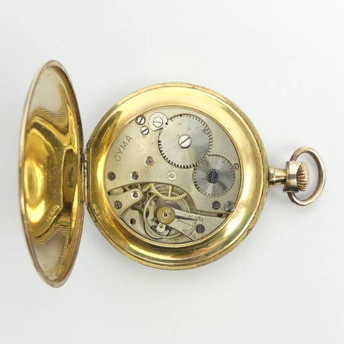 144 - Cyma gold plated open face pocket watch, 46 x 61mm. 
Condition Report: In good working order.