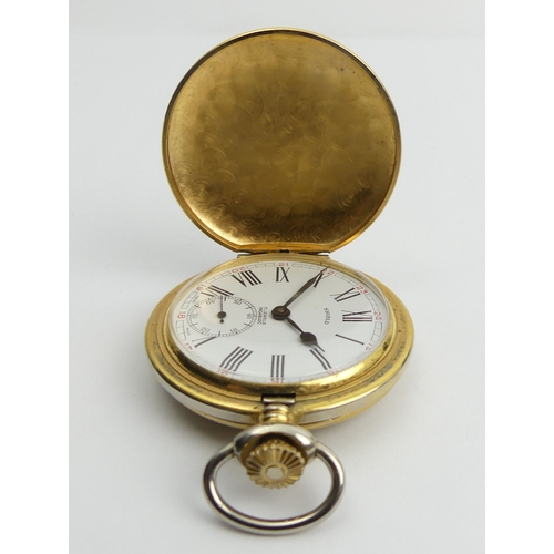 153 - Shield 17 jewel gold plated full hunter pocket watch, 47 x 62mm.
Condition Report: In working Order.