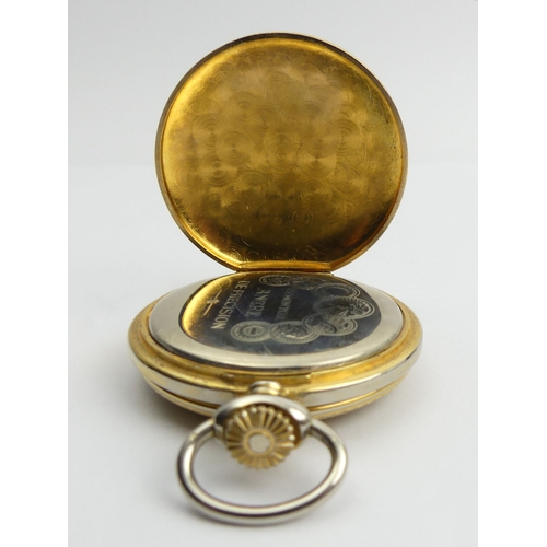 153 - Shield 17 jewel gold plated full hunter pocket watch, 47 x 62mm.
Condition Report: In working Order.