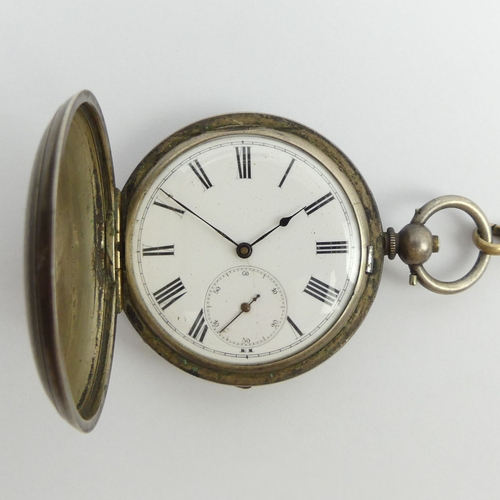 160C - Fine silver full Hunter pocket watch and Albert chain, watch 5cm x 7cm.