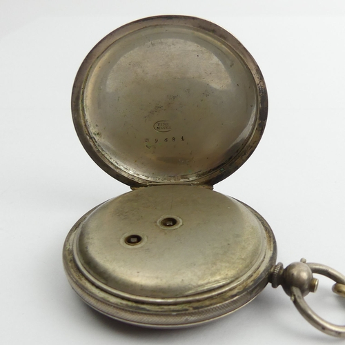 160C - Fine silver full Hunter pocket watch and Albert chain, watch 5cm x 7cm.