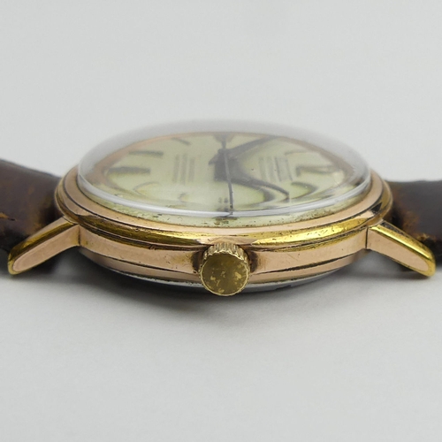 160F - Allaine 30 jewel automatic gold tone gents watch on a leather strap, 36mm wide.