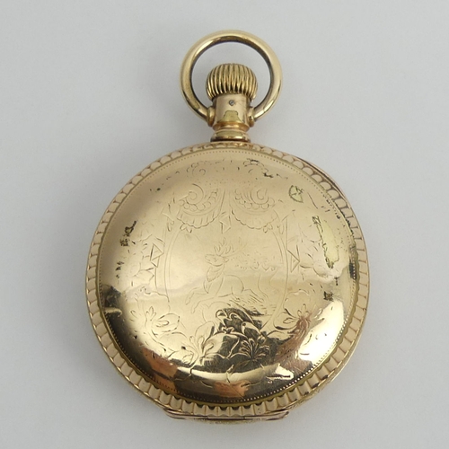 168 - Elgin gold plated full hunter pocket watch, 78mm x 55mm.