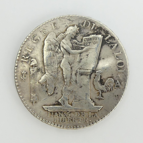 197 - Louis XVI 17?3 silver 6 Livres coin, L'an 4 De La Liberte? Paris Mint, inscription on the edge 'La N... 