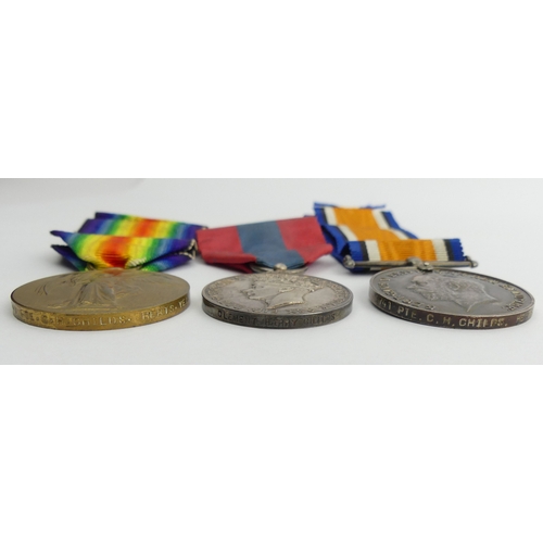 201 - Two World War I medals, 2741 Pte C H CHILDS, Herts YEO and a cased Faithful Service Medal, Clement H... 