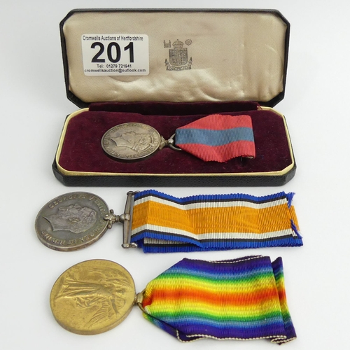 201 - Two World War I medals, 2741 Pte C H CHILDS, Herts YEO and a cased Faithful Service Medal, Clement H... 