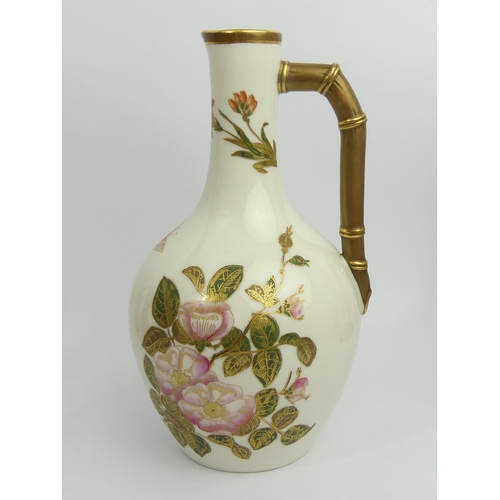 328 - Royal Worcester ivory porcelain jug decorated with flora and fauna, dating from C.1884, 26cm.