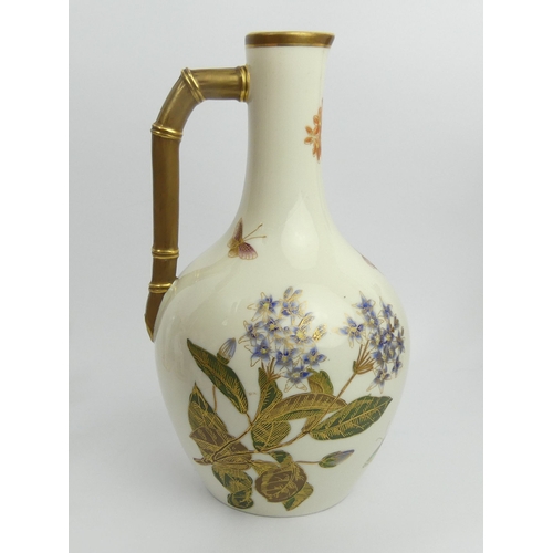 328 - Royal Worcester ivory porcelain jug decorated with flora and fauna, dating from C.1884, 26cm.