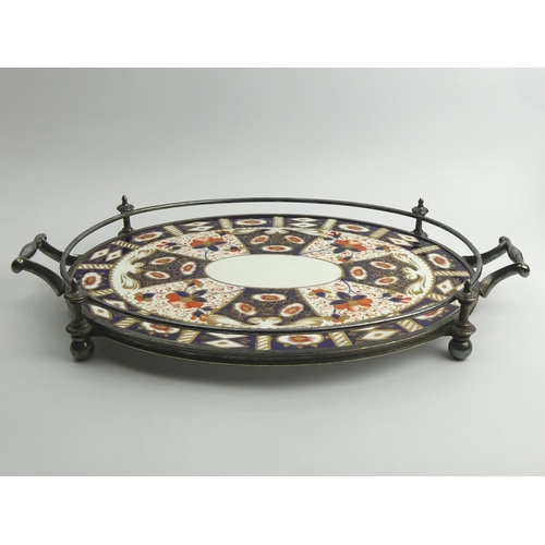 336 - 19th century Davenport Imari porcelain and silver plate tray, 45.5cm x 30cm.