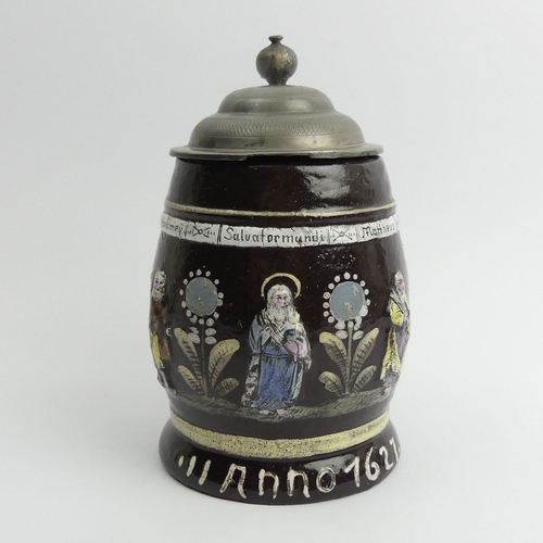 386 - German slip ware, pewter lidded stein, decorated with the Apostles in relief and dated Anno 1627, 15... 