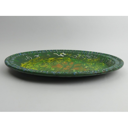 388 - Hand painted oval pottery dish, butterfly design, signed J.P., probably John Piper, 40cm x 29cm.