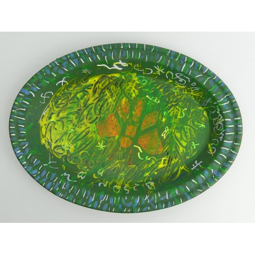 388 - Hand painted oval pottery dish, butterfly design, signed J.P., probably John Piper, 40cm x 29cm.