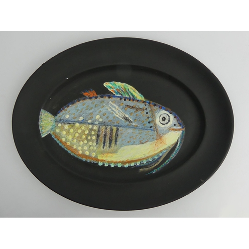 390 - Hand painted oval pottery dish, fish design, signed J.P. 73, probably John Piper, 40cm x 32cm.