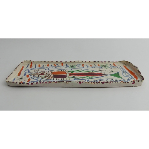 391 - Hand painted oblong pottery dish, fish design, signed J.P. Viii 73, probably John Piper, 29cm x 12cm... 