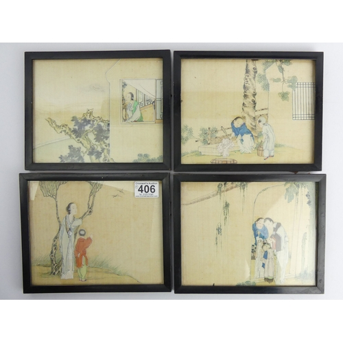 406 - 1920's/30's set of four Chinese paintings on silk, framed and glazed, 23.5cm x 19cm.