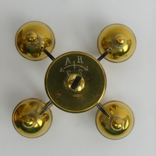 408 - Brass anniversary clock with an enamel dial and glass dome, 30cm.