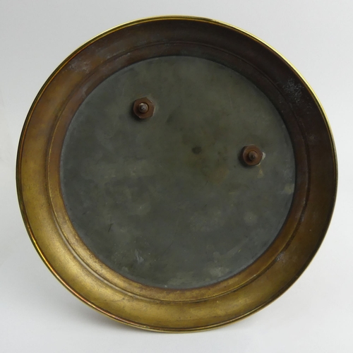 408 - Brass anniversary clock with an enamel dial and glass dome, 30cm.