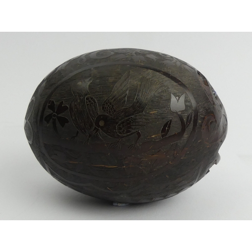 449 - Spanish colonial carved coconut money box decorated with a bull fighting and other signs.