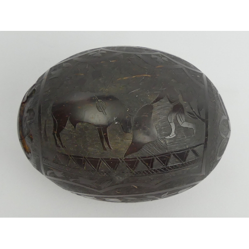 449 - Spanish colonial carved coconut money box decorated with a bull fighting and other signs.