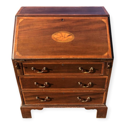 496 - Edwardian mahogany inlaid bureau, the fall fron with a fitted interior. Collection only.