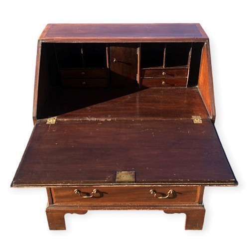 496 - Edwardian mahogany inlaid bureau, the fall fron with a fitted interior. Collection only.