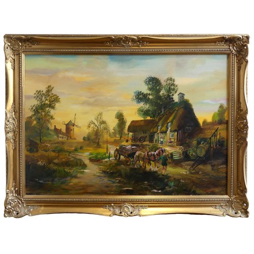 500 - A large pair of gilt framed oil on canvas pictures depicting coaching scenes. 105 x 77cm. Collection... 