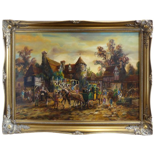 500 - A large pair of gilt framed oil on canvas pictures depicting coaching scenes. 105 x 77cm. Collection... 