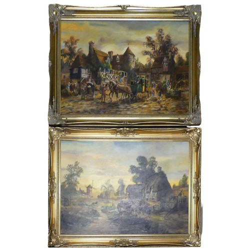 500 - A large pair of gilt framed oil on canvas pictures depicting coaching scenes. 105 x 77cm. Collection... 