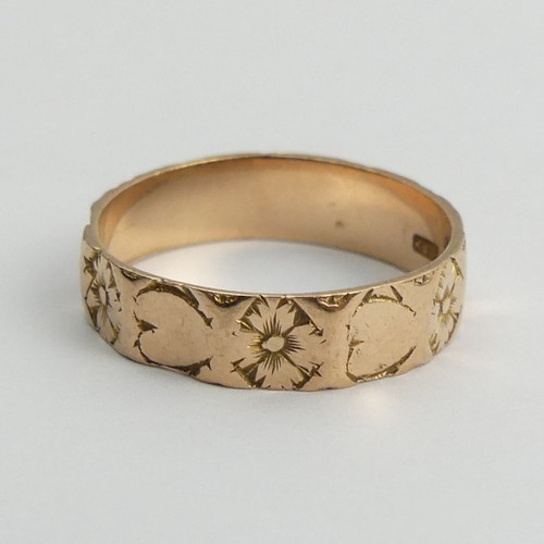 115 - Edwardian 9ct gold rose gold patterned wedding ring, Birm.1902, 2.2 grams, 5.1mm, size P 1/2.