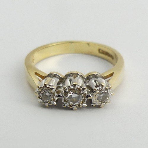 114 - 18ct gold diamond three stone ring , 2.9 grams, 4.5mm, size G.