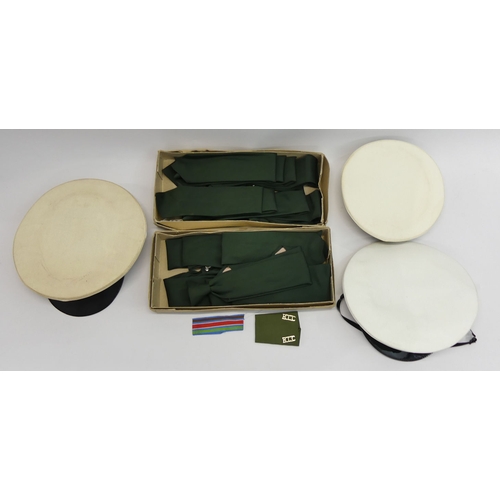 212 - Three naval caps together with two boxes of army ties, one hat marked size 7.