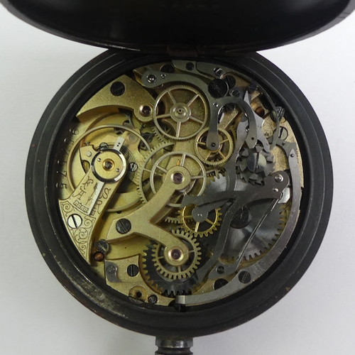 151 - Steel pocket watch with an enamel dial and Minerva 17 jewel chronograph movement. 48 x 69 mm.