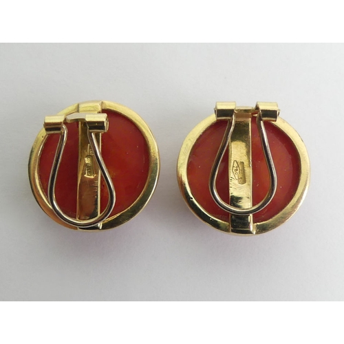 103 - A pair of 18ct gold coral set earrings, 8.3 grams, 16.6mm diameter.